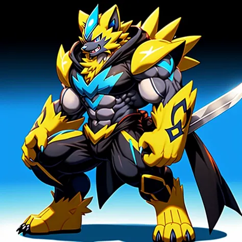 male, (Pokémon) Zeraoras giant robot. big muscle. GIANT. pecs, triceps, traps, waist narrow. body full of huge muscles. He wears a black cloak on his back. The cloak is so long that it touches the ground, The claws are sharp, Sharp teeth, Protecting Zeraor...