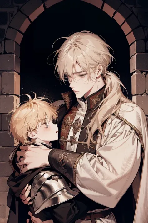 1 male, relaxed, messy blond hair with bangs in a low ponytail, white knight, beautiful, in a castle, medieval fantasy