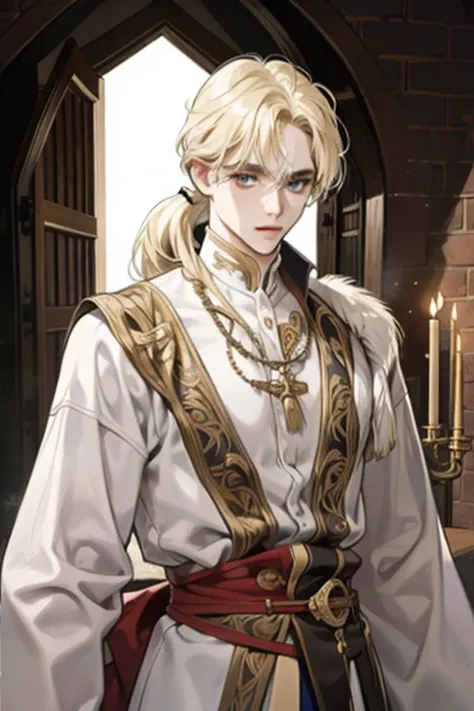 1 male, relaxed, messy blond hair with bangs in a low ponytail, white knight, beautiful, in a castle, medieval fantasy