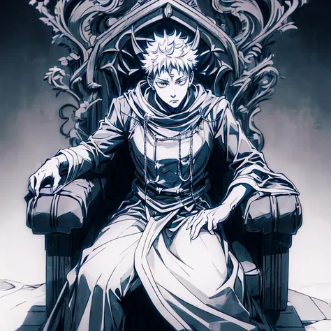 Yuji Itadori from the anime Jujutsu Kaisen sitting on a throne, with one hand raised and looking down
(realistic, highres, masterpiece:1.2), (physically-based rendering, studio lighting), (detailed facial features), intense gaze, confident posture, (dark a...