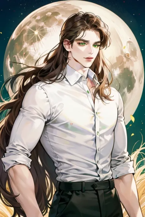 (absurdres, highres, ultra detailed), 1man, 30 years old man, adult man, handsome, tall,, finely detailed eyes and detailed face, leather pants, (((white shirt))), night, smile, dutch angle, ((long hair, brown hair)), moon, gold details, gothic, dark, simp...