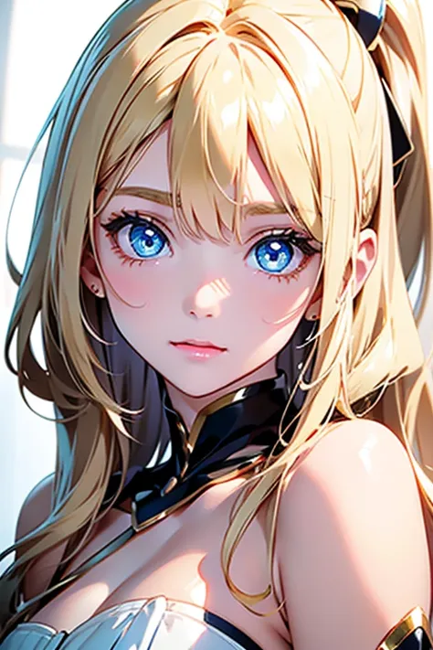 Portrait、、Bright expression、ponytail、Young, shiny, white, glossy skin、Gloss Face、Shining Cheek Gloss、Small Face Beauty、The best beauty、The dazzling light of blonde hair、Bright blonde hair with dazzling highlights、Very beautiful shiny light blonde hair、supe...