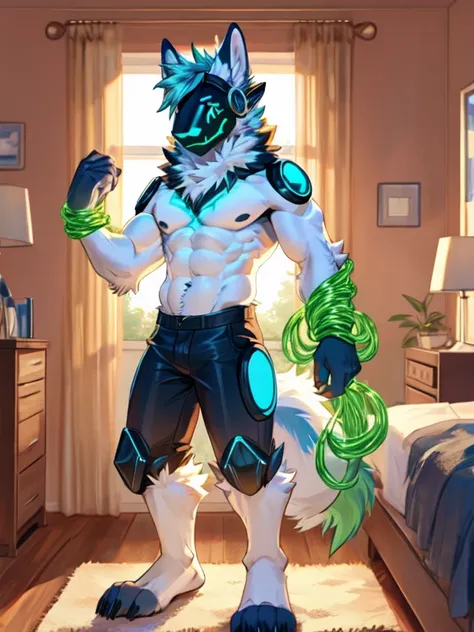 Protogen, (white fur with some green strands of fur), bedroom, happy, male, 8 foot 0, standing, looking at viewer, muscular, naked, smile, 