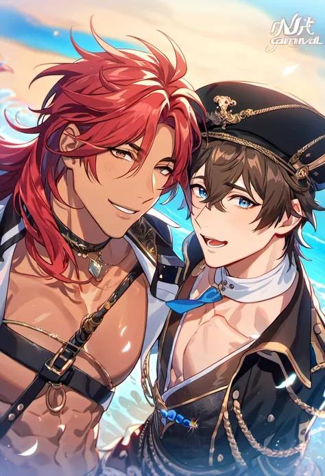 absurdres, highres, ultra detailed, HDR, master piece, best quality, Eiden, brown hair, expressive brown eyes, Nu Carnival, Dante with tanned skin, long red hair, expressive blue eyes, two men together, gay couple, handsome, fantasy black pirate clothes, b...