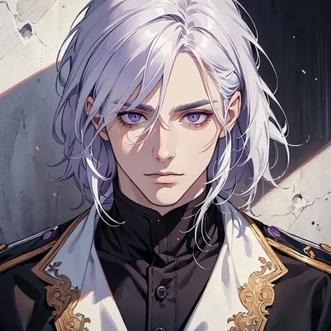 "(best quality,ultra-detailed,realistic:1.37),Medium,portrait,purple eyes,white hair,Man with medium hair,Fine painting style,Detailed facial features,attractive male appearance"