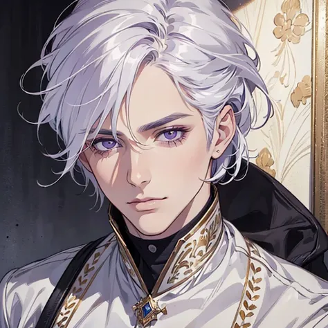 "(best quality,ultra-detailed,realistic:1.37),Medium,portrait,purple eyes,white hair,Man with medium hair,Fine painting style,Detailed facial features,attractive male appearance"