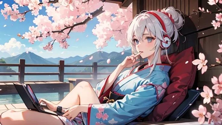 Samurai relaxing while listening to music with headphones,Cherry blossoms are in full bloom,Japanese anime style