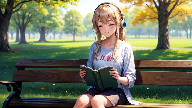 Sitting on a park bench、Create an anime-style image of a young woman in casual clothing, wearing headphones and reading a book。She is surrounded by serene nature、It gives off a sense of peace.。Her expression was relaxed.、He has a satisfied smile。Warm light...