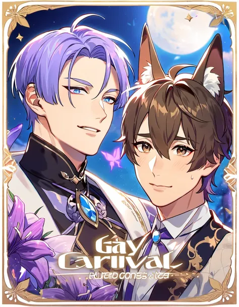 absurdres, highres, ultra detailed, HDR, master piece, best quality, Eiden, brown hair, expressive brown eyes, Nu Carnival, Kuya, light-purple hair, expressive blue eyes, fox ears, two men together, gay couple, handsome, fantasy clothes, moon, purple lilie...