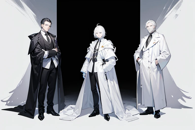 monochrome,masterpiece, illustration, best quality, best aathetic, full body,long shot,three men wearing white coats,talk together,white background,