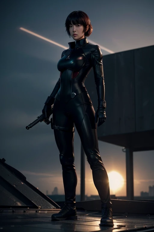 (mastrepiece:1.2,best quality,ultra detailed,powerful backlight:1.3,silhouette:1.45),, , //character, 1 solo Female  mercenary,Ghost in the Shell kusanagi motoko,One eye glowing red:1.2,Facial expression Murderous look,Looking down on the city.black lether...