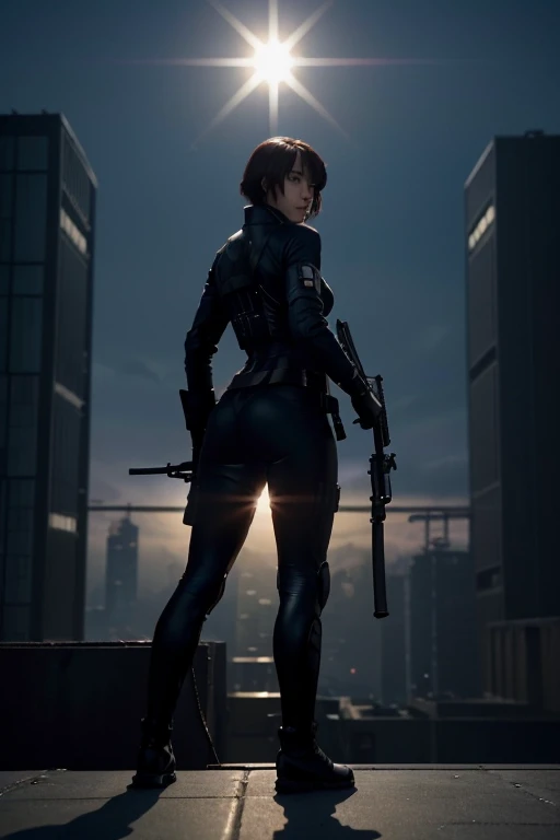 (mastrepiece:1.2,best quality,ultra detailed,powerful backlight:1.3,silhouette:1.45),, , //character, 1 solo Female  mercenary,Ghost in the Shell kusanagi motoko,One eye glowing red:1.2,Facial expression Murderous look,Looking down on the city.black lether...