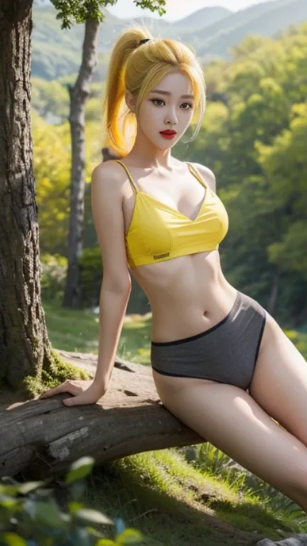 Beautiful girl, Korean makeup, Red lips, medium body, medium chest, yellow hair, ponytail, femoral, hillside landscape, tall tree, Yellow Bra