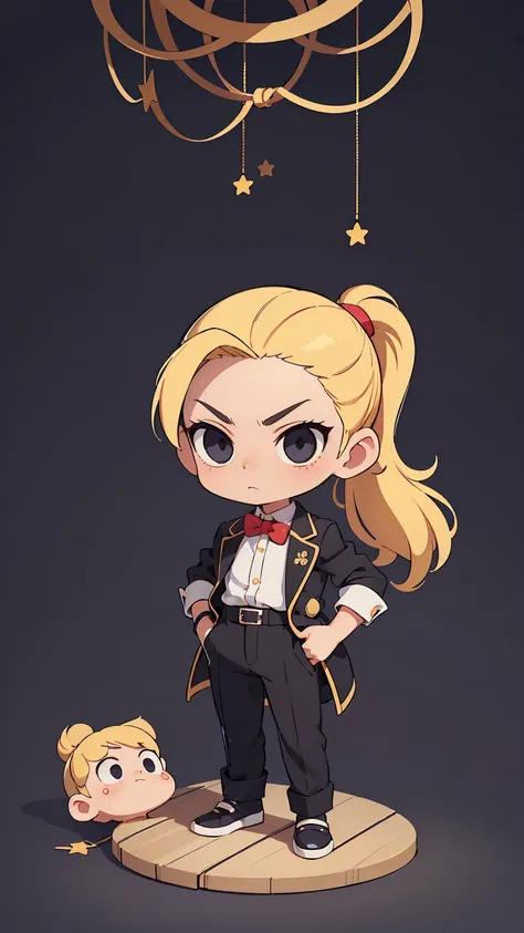  (beautiful and aesthetic: 1.2), (1 little boy), ((blonde long ponytail hair)) ((dark black eyes)), chibi, 1 boy, kindergarten, childrens furniture, childrens toys, full body, luxury jacket, trousers, blouse with luxury print, shoes, arrogant and daring lo...