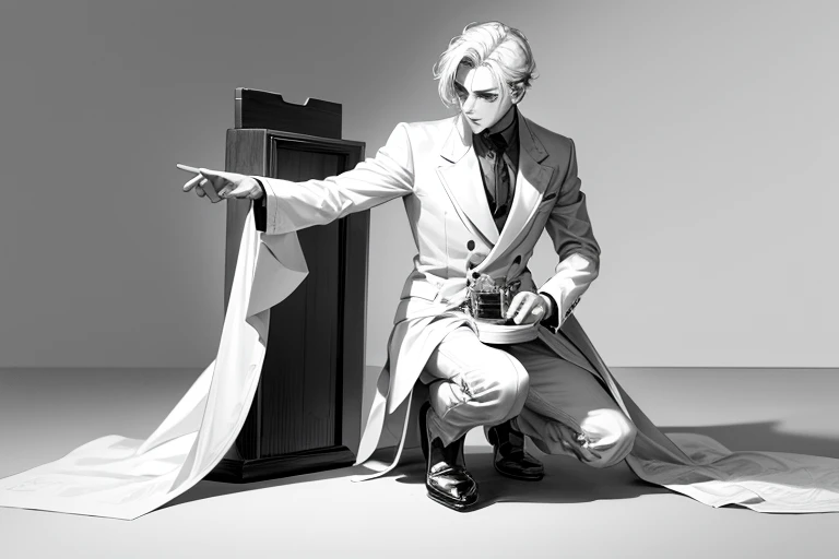 monochrome,masterpiece, illustration, best quality, best aathetic, full body,long shot,a man wearing white coats,on one knee,white background,