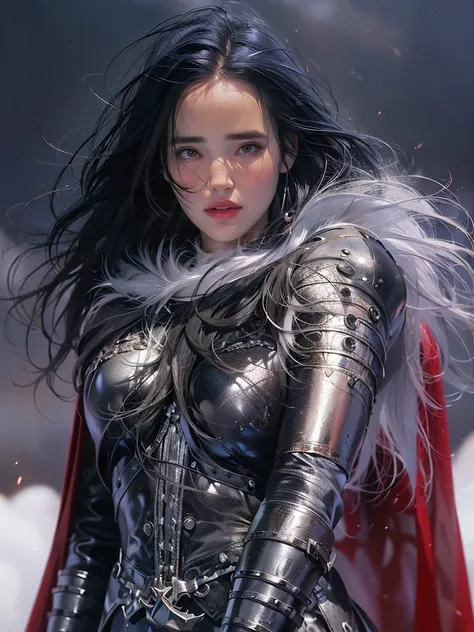 ((((Jennifer Connelly)))) as, Voluptuous, Busty White-Haired Female Dark Knight in ((((Black Full Metal)) Heavy Bikini Armor)), Red Eyes, (Thigh high Full Metal Armored Boots). (((Full Body View))), Long hair, Messy bun, (Red Cloak), (((Red Pleated Skirt))...