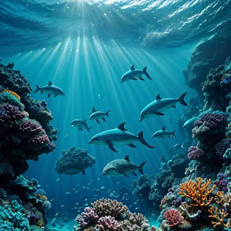 diving, underwater, vibrant coral reef, crystal clear water, colorful fish, graceful dolphins, tropical paradise, breathtaking u...