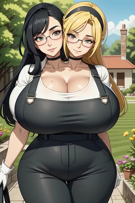 2heads, a tall thin woman with two heads. She has enormous breasts. She is outside in a garden. She is very tall. She is very skinny. She has long black hair in a bun. She is wearing glasses. She looks mature. She has very thick full lips. She has enormous...