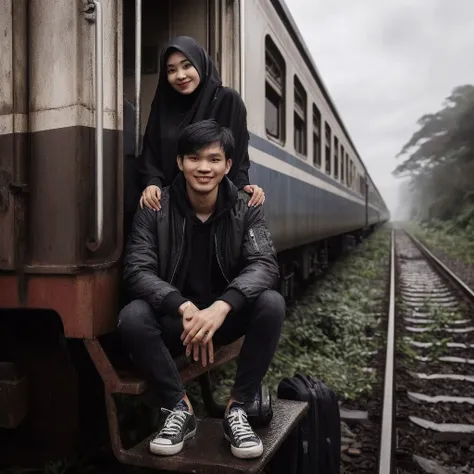 realistic picture of a indonesian man age 25 years,short hair,smile pose,black jacket,sneakers,sitting at the door of a stopped train carriage, beside him theres a indonesian woman age 23 years old,The womans hand wraps around the mans shoulders,smile pose...