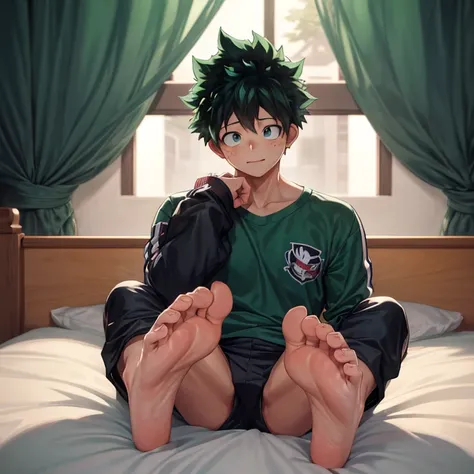 ((masterpiece)), ((highest quality)), male teenager, Izuku Midoriya_Boku no hero academia, on a bed, showing the soles of his feet, perfect feet, five toe feet, feet focus 