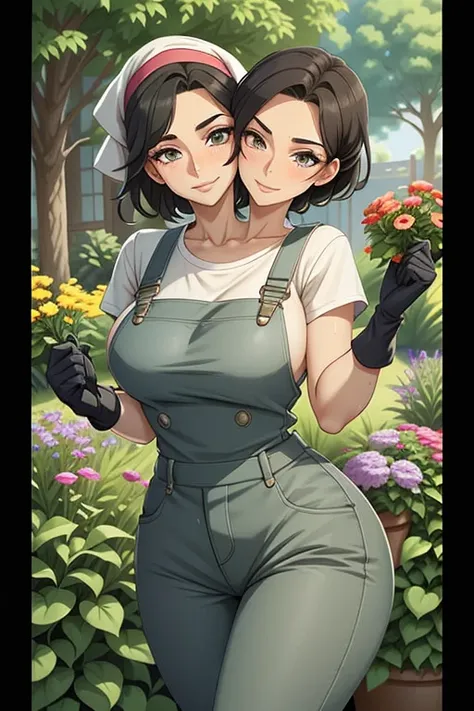 2heads, a tall thin woman with two heads. She is outside in a garden, she is gardening. She is very tall. She is very skinny. She has short black hair in a bun. She looks mature. She has very thick full lips. She is wearing overalls with a colorful T-shirt...