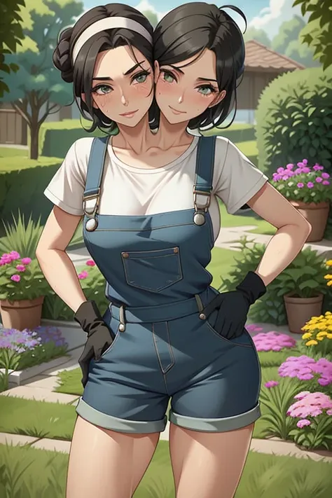 2heads, a tall thin woman with two heads. She is outside in a garden, she is gardening. She is very tall. She is very skinny. She has short black hair in a bun. She looks mature. She has very thick full lips. She is wearing overalls with a colorful T-shirt...