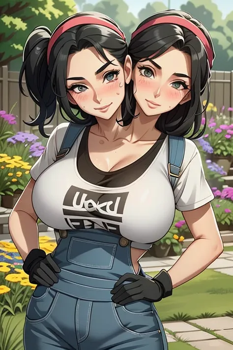 2heads, a tall thin woman with two heads. She is outside in a garden, she is gardening. She is very tall. She is very skinny. She has short black hair in a bun. She looks mature. She has very thick full lips. She is wearing overalls with a colorful T-shirt...