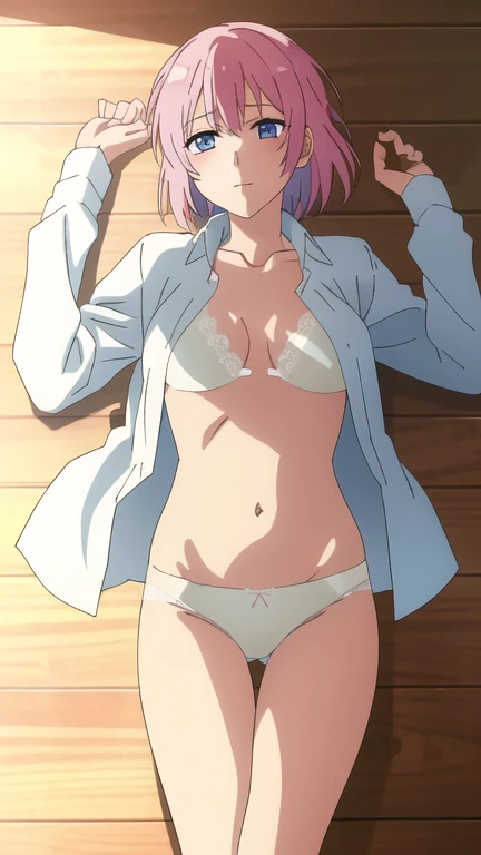 masterpiece, high quality, 8k, Beautiful lighting,sunny day, 1 girl, alone, Miyako Shikimori, ,((Open shirt)),, （White lace panties）, ((Belly details)),(slender thighs）Legs closed, Medium chest,,Lie on the classroom floor,