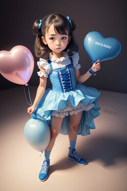 a 10 years old girl, holding balloons, (((full body))), real photo, looking above at me, brat, blue