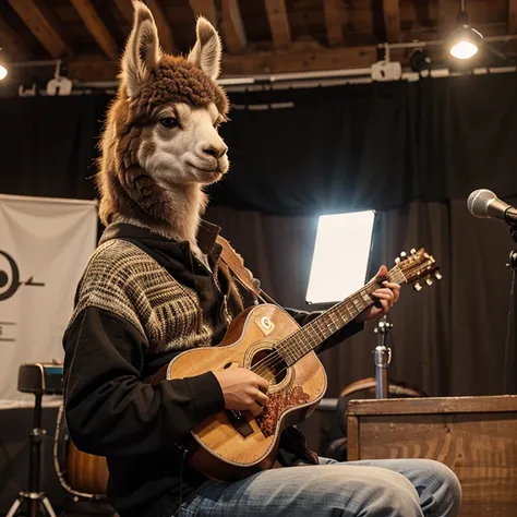 Create an image of a llama playing the guitar at an acoustic show 