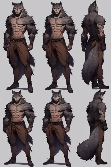 (Character design sheet, same character, Full body, frontage, lateral face, on back), humanoide animalistic, male, wild Wolf,