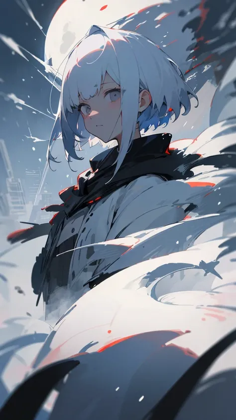 (masterpiece、highest quality)、Short nape hair、1 girl with very short white hair、Black cardigan、Grim expression、Grey Eyes、Warm lighting、 Blurred foreground、night深く、High Contrast、night、In the city,it&#39;s snowing,Heavy snowfall,winter,Alone in the vast snow...