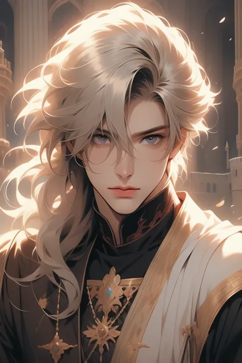 1 male, relaxed, messy blond hair with bangs in a low ponytail, white knight, beautiful, in a castle, medieval fantasy