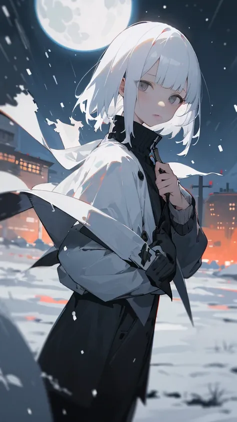 (masterpiece、highest quality)、Short nape hair、1 girl with very short white hair、Black cardigan、Grim expression、Grey Eyes、Warm lighting、 Blurred foreground、night深く、High Contrast、night、In the city,it&#39;s snowing,Heavy snowfall,winter,Alone in the vast snow...