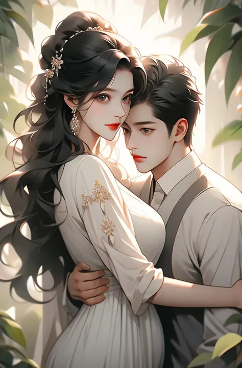 family, royal, elegant, good looking, kids, detailed, 4k, mom and dad, detailed eyes, pretty hair, handsome man, gorgeous woman, fine mom, hot dad, hot parents, mom with black hair, mom pregnant, man looking at woman with love, man hugging woman