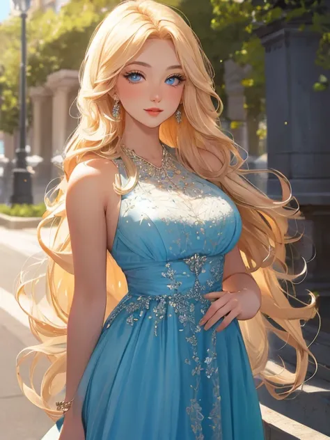  an incredibly beautiful femme fatale young woman with long golden hair, long bangs, blue eyes, dressed in a light summer dress.  Romance. A masterpiece. Full-length image. Detailed drawing of the face. Masterpiece, perfect drawing, realistic drawing, full...