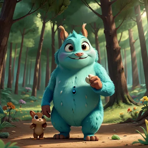 lindo monstruo alto feliz, con su amigo conejo lindo tierno, and his cute little squirrel friend, personaje estilo pixar, cinematographic, forest location with flowers 