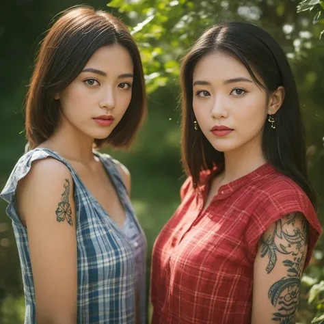 ((best quality, 8k, Masterpiece :1.3)), Sharp focus :1.2, sexy, Wearing short jeans and a bright red plaid shirt., Korean style, girl style.30 year old white tattoo. perfect body beauty:1.4. In front of the camera. More intimate. clearer than this, Outdoor...