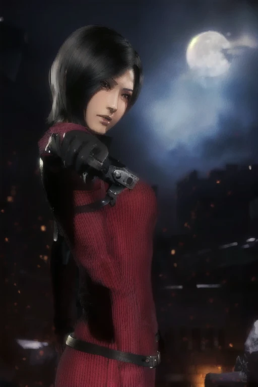 arafed woman holding a gun outside with a full moon, 8k portrait render, glamorous jill valentine, deayami kojima, game cg, yayoi kasuma, rendered in sfm, portrait of tifa lockhart, hints of yayoi kasuma, perfect dark, photorealistic shot, video game rende...