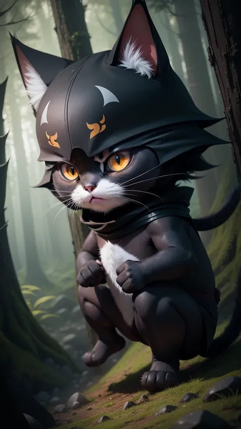 Create a vibrant dark fantasy cute ninja cat in a simple minimalist cartoon style, The background is a beautiful forest, rain, Octane Rendering, 8k