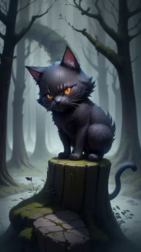 Create a vibrant dark fantasy cute ninja cat in a simple minimalist cartoon style, The background is a beautiful forest, rain, Octane Rendering, 8k