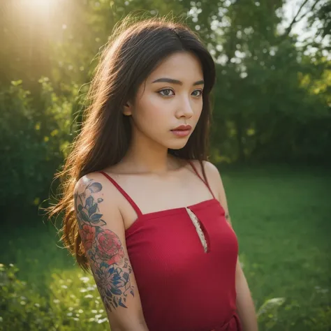 ((best quality, 8k, Masterpiece :1.3)), Sharp focus :1.2, sexy, Wearing old ripped jeans,) Wear a dark pink, tight-fitting, colorful, dark red shirt., Korean style, girl style.White tattoo 25 years. perfect body beauty:1.4. In front of the camera. More int...