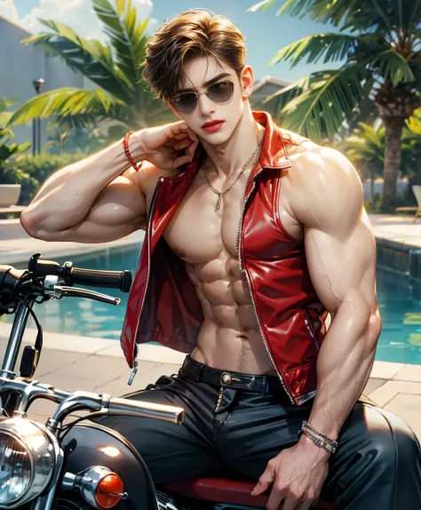 HD quality, high definition,male 18 years old handsome, muscular and slim, red lips, leaning against a motorcycle naked and wearing thong, model with bracelets, earrings and Necklace, wearing head band and sunglasses, open vest, full sexy body 