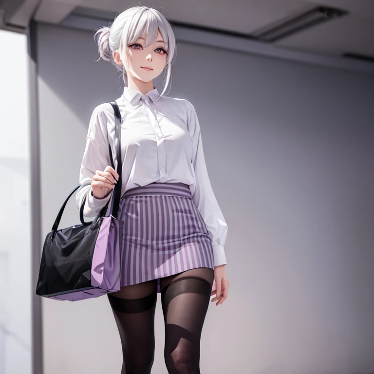 "Anime Girls, 1 person, silver white hair tied on both sides, pale pink purple eyes, woman shirt, woman , tie, Black mini skirt, smile, tights,Holding a bag,whole body,alone (Full HD 4K+ image),4K,Look forward,attractive,Light clothing"