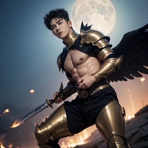 A asian boy like Mighty Archangel Michael, 19 years old, handsome, kpop idol actor, many jawline, manly chin, Full Body Shoot, (eyes contact), detailed facial parts, Manly, bare chest, bare butts, a little six packs attractive body and Quiff haircut :: hig...