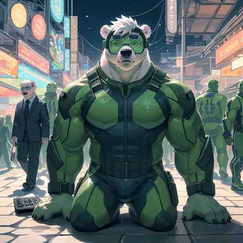 Furry Art，((Polar Bear))，((wearing glasses))，((Hypnotized))，((white hair))，((breast skin))，protrait photo，((Light grey eyebrows))，((green bodysuit))，((Green VR glasses))，City，((Muscular))，(Tight clothing)，Light grey eyebrows，((Remote control on the ground)...