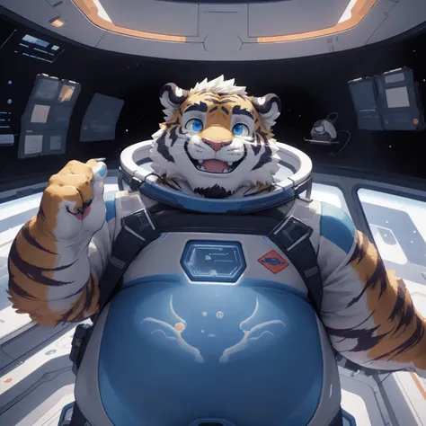 New Jersey 5 Furry,Tiger，portrait，Exquisite， Chubby，Fat，Thick arms，Rugged muscles，plush fur，Chubby脸，Black eyebrows，Sky blue eyes，Beard，Inside the spaceship，Operating the spacecraft，White spacesuit，Space suit，astronaut，float，Smile