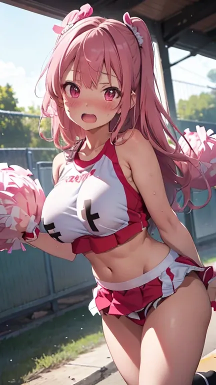 mastute piece,Best Quality,insanely detailed,8k cg,
shoot upper body,
1woman,18age,standing,body in front,looking at viewer,(cheer leader costume,pompoms),break,
blush,shy,(trembling:1.2),pink hair,break,open mouth,large breast,outdoor sports field,