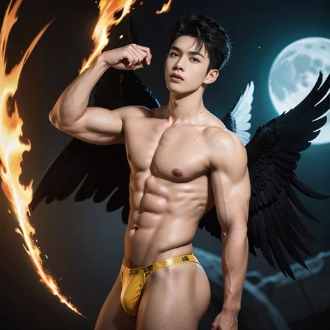 A asian boy like Mighty Archangel Michael, 19 years old, handsome, kpop idol actor, many jawline, manly chin, Full Body Shoot, (eyes contact), detailed facial parts, Manly, bare chest, bare butts, a little six packs attractive body and Quiff haircut :: hig...