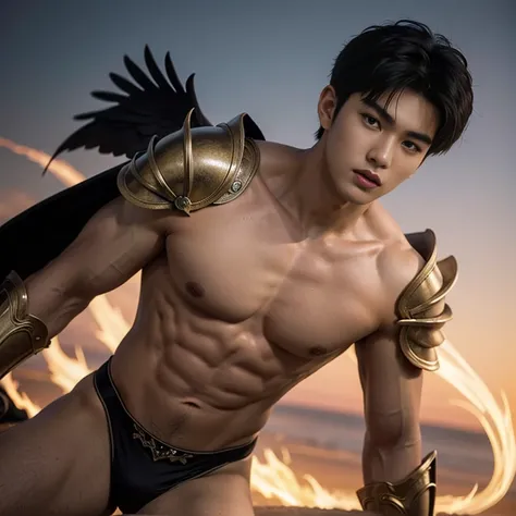 A asian boy like Mighty Archangel Michael, 19 years old, handsome, kpop idol actor, many jawline, manly chin, Full Body Shoot, (eyes contact), detailed facial parts, Manly, bare chest, bare butts, a little six packs attractive body and Quiff haircut, white...